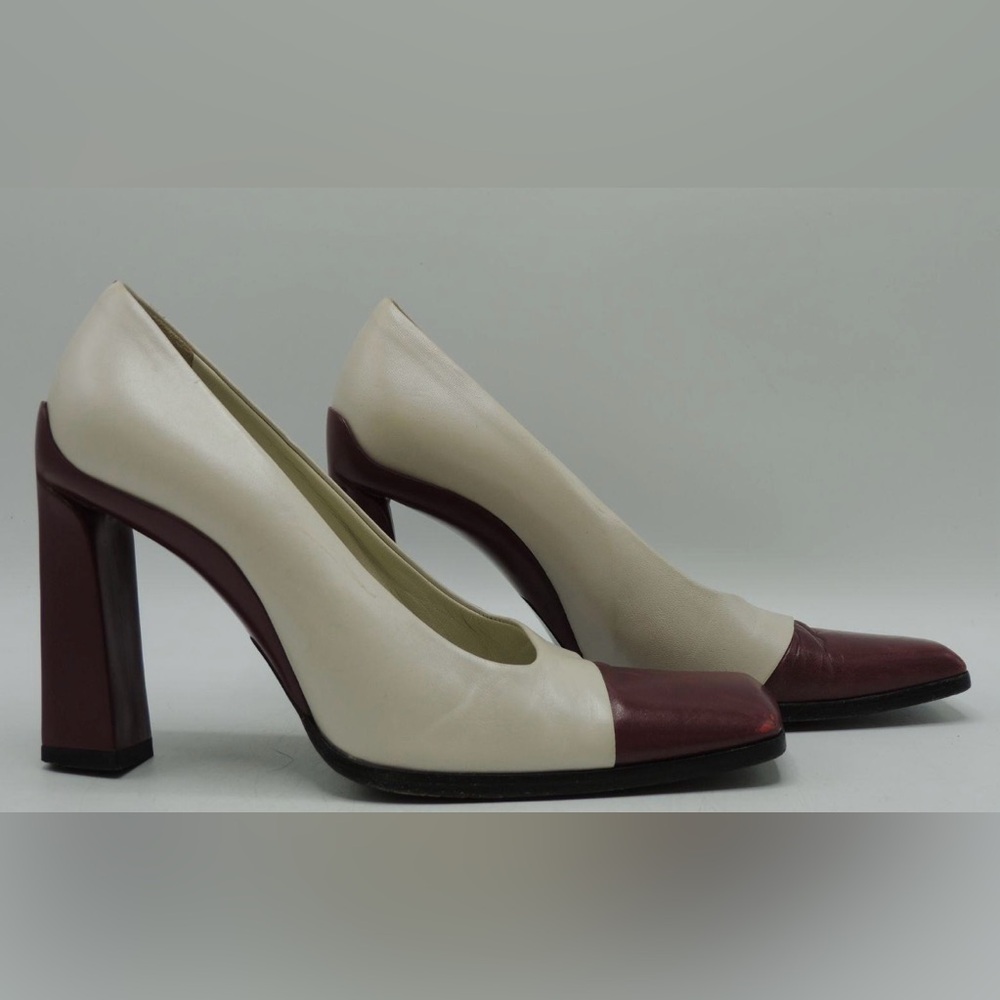 Prada Women's Ivory Maroon Leather Slip-On Square Toe Pump Heels Size 36/6B
